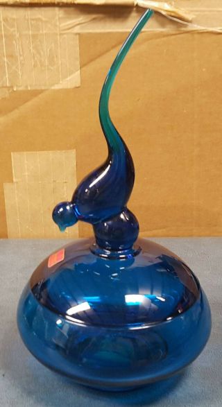 Lovely Vintage Elegant Viking Art Glass Blue Bird Candy Dish Orig.  Label