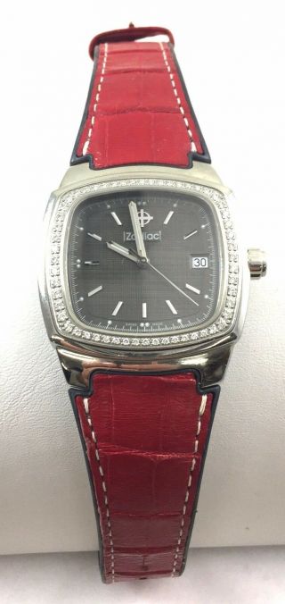 Rare Vintage Zodiac Diamond Wrist Watch Black Face Red Leather Strap Zo4300