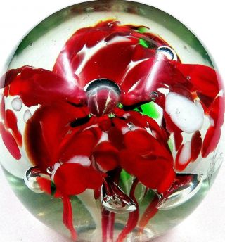 Bohemian Czech Art Glass Red Floral & Bubbles Round 2 1/2 " Paperweight