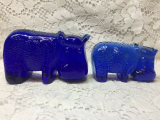 Set Blue Vaseline Uranium Glass Hippopotamus Paperweight Hippo Cobalt Mom & Baby