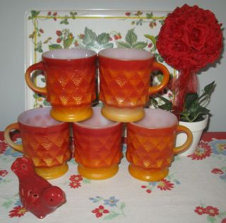 Vintage Anchor Hocking Fire King Kimberly Red/orange Milk Glass Mugs Set Of 5
