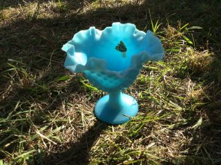 Vintage Fenton Robin Egg Blue Milk Glass Hobnail Pedastal Dish Vase Ruffled Rim