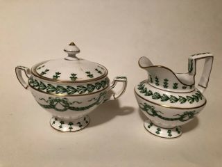 Vintage Sarreguemines France Creamer & Sugar Bowl White With Green Garland