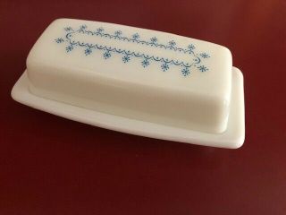 Vintage Pyrex Milk Glass Snowflake Blue Garland Covered Stick Butter Dish