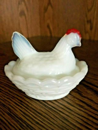 Vintage Westmoreland Mini Milk Glass Hen On Nest R&w Trinket Dish/salt Cellar