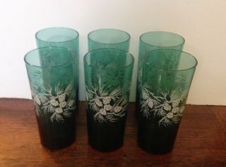 Vintage Set 6 Mid Century Modern Teal Green Pine Cone Drinking Glasses Tumbler