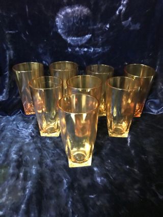 Set Of 8 Vintage Amber Iridescent Square Bottom Drinking Glasses Tumblers 5 "