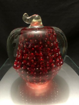 Vintage Hand Blown Art Glass Paperweight Red Apple Controlled Bubble