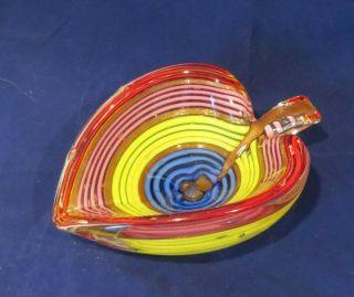 Vintage Murano Glass Leaf Stem Bowl Stripes Rose Gold Dust Red,  Blue,  Yellow,  Pink