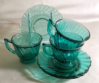 3 Jeannette Ultra Marine Swirl Cups And Saucers