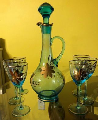 Antique Bohemian Aquamarine Glass Decanter Set Gold Gilded Stem Wine Bar Ware