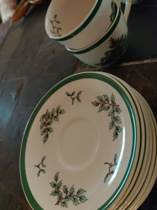 Vintage Spode Christmas Tree Made In England Tea Cup And Saucers Set Of 7