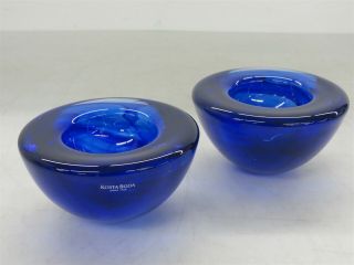 Kosta Boda Atoll Votive Candle Holder Blue Swirl Art Glas Pair 4.  5 " X2 "