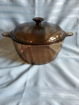 Vision Corning Ware Brown Amber Cookware Glass Stock Pot Pan 4.  5l Dutch Oven