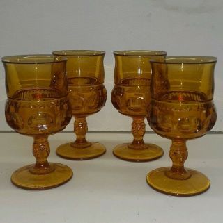 4 Vintage Indiana Amber Glass Kings Crown Thumbprint 5.  75 " Wine Water Goblet Set