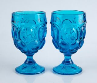 (2) Depression Colonial Blue Le Smith Moon/stars Pattern Glass Water Goblets