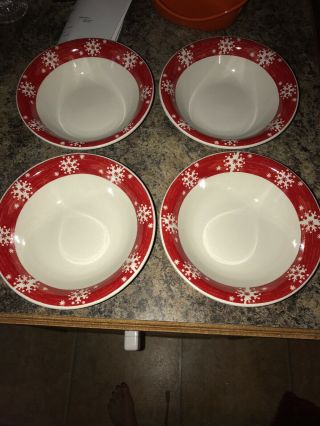Set Of 4 Royal Norfolk Christmas Red Snowflake Cereal Soup Bowls