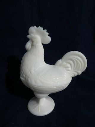 L E Smith Covered Rooster Candy Dish White Milk Glass