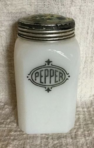 Vintage Hazel Atlas Square Black Lettering Shield Milk Glass Pepper Shaker