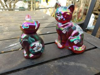 Fenton Damask Rose On Red Carnival Glass Kitty Cats