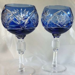 2 Bohemian Cobalt Blue Crystal Cut To Clear Wine Glass Goblet Set Star & Fan 6”