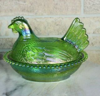 Special Indiana Art Glass Ice Green Carnival Hen On Nest Candy Dish Covered Bowl