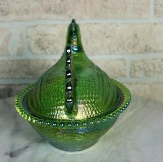 Special Indiana art glass ice green carnival hen on nest candy dish covered bowl 2