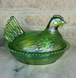 Special Indiana art glass ice green carnival hen on nest candy dish covered bowl 3