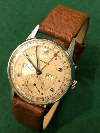 Movado Calendograf Triple Date Pointer Swiss Made Steel Case Fine Leather Strap