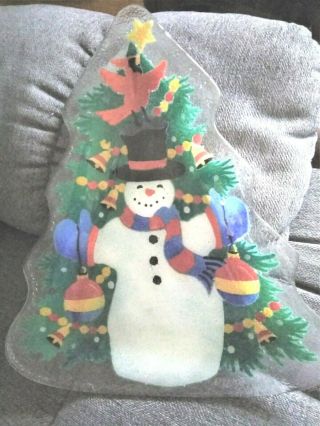 Huge Peggy Karr Fused Glass Snowman Tray Plate Platter Christmas Tree