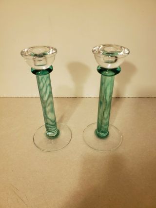 (2) Kosta Boda Pillar Art Glass Candle Stick Holder K.  Engman 69113 Green Large