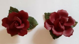 Set Of 2 Vintage Capodimonte Porcelain Red Roses Made In Italy -