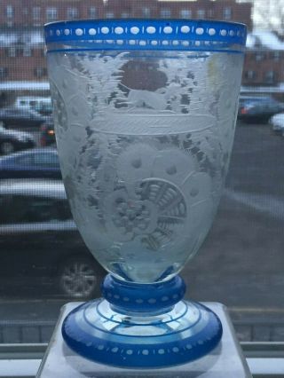 Antique Bohemian Egermann Glass Footed Tumbler Blue To Clear Etched Engraved