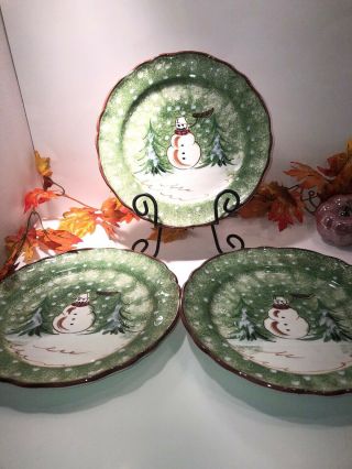 The Cellar Winter Snowman Christmas Set Of 3 Dinner Plates 10 1/2 " Green/w
