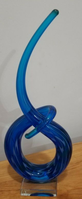 Murano Glassware Love Knot Art Swirl Blue & White Stripe Sculpture 14 " Tall