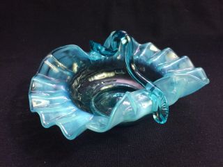 Vintage Blue Opalescent Fenton Glass Basket With Pinched Handle Ruffled