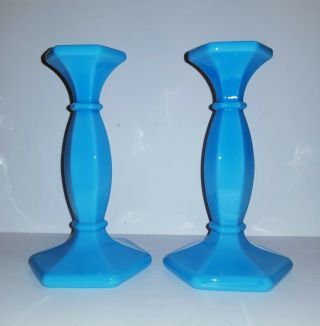 Antique blue glass opaline Candlesticks octagonal polished 7.  5 
