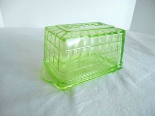 Vintage Green Block Optic 1 Lb.  Butter Dish - Glowing Uranium Depression Glass