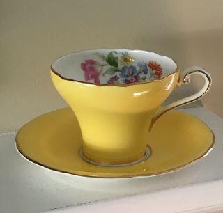 Vintage Aynsley Bone China Yellow,  White Floral Teacup & Saucer.  Made In England
