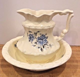 Vintage Pitcher & Basin Bowl Set Victorian Rose Blue/ Gray V B Athena Calif