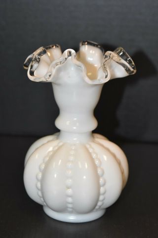 Fenton Art Glass 6” White Milk Glass Melon Silvercrest Vase