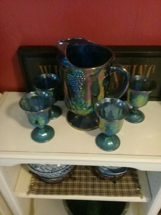 Vtg Vintage Carnival Glass Pitcher And 4 Goblets Indiana Grape Harvest Blue