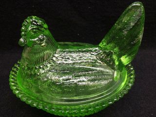 Green Vaseline glass hen chicken on nest basket dish candy / butter uranium farm 2