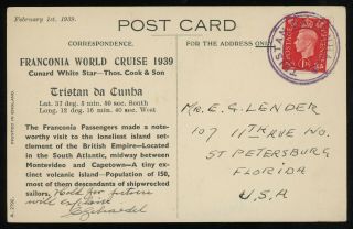 Tristan Da Cunha 1939 Illustrated Post Card Sent To The Us,  Bearing Kgvi 1d Red