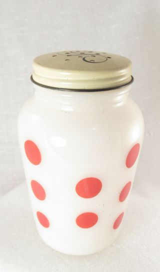 Vintage Fire King Red & White Polka Dot Salt Shaker Only White Milk Glass Euc