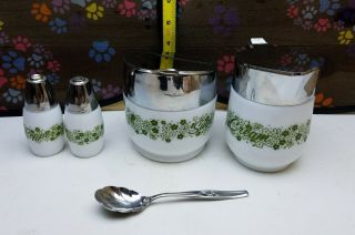 Vintage Gemco Corning Ware Cream Sugar Salt,  Paper Shakers Spring Blossom Euc