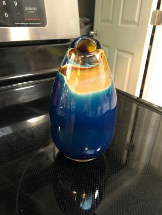 Studio Art Cased Glass Vase Hand Blown Cobalt Blue And Tan Pontil Mark