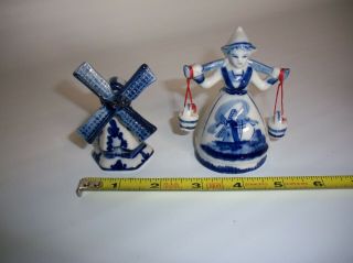 Vintage Delft Blue Souvenir Windmill & Bell Girl With Cream Ceramic Figurines 4 "
