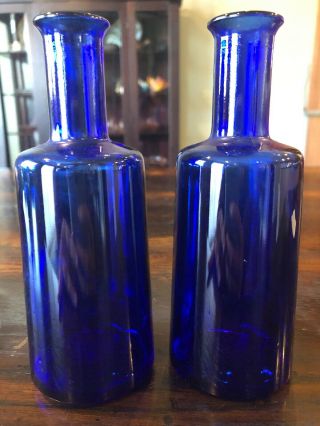 Cobalt Blue Clear Glass 2 Bud Vases.  7” Tall.  Vintage.  Circle V Makers Mark