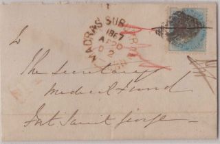 India Qv Cover 1867 Madras To St George Sg55 ½a Blue C - 6 Us